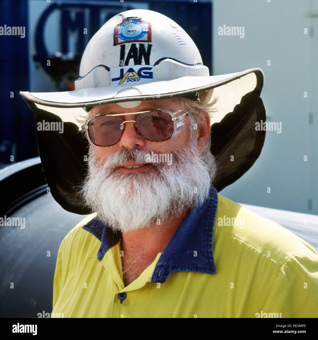 Sun protection helment on a worker on a water project just outside Brisbane in Queensland