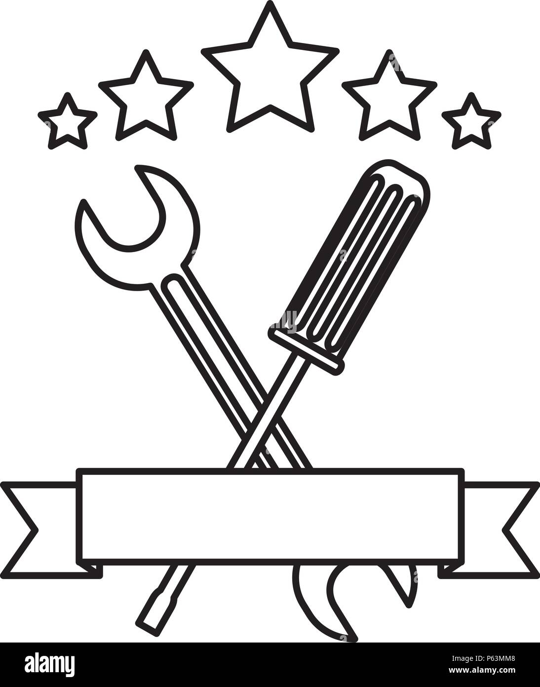 line screwdriver and wrench equipment with ribbon and stars vector ...