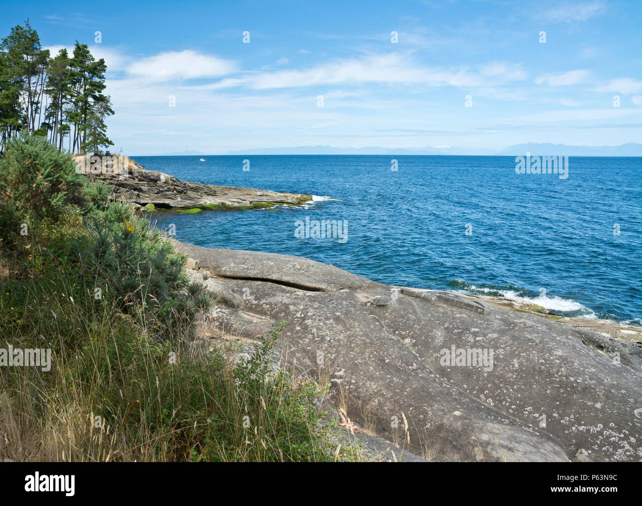 Coastline on Galiano Island, BC, Canada by Salamanca Point.  Rocky shoreline with trees and ocean in Southern Gulf Islands. Stock Photo