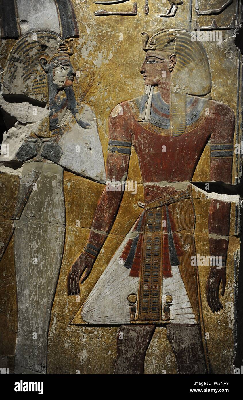 King Seti I in front of the God Osiris. Fragment of a pillar. Limestone. New Kingdom. 19th Dynasty. 1290 BC. Grave of Seti I. West Thebes. Valley of the Kings. Neues Museum. Berlin. Germany. Stock Photo