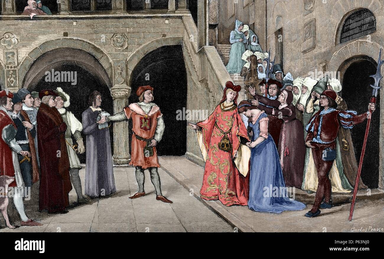 Blanche II of Navarre (1424-1464). Queen of Navarre. Blanche of Navarre is delivered to the Captal of Buch, who orders imprison her into a castle. Engraving after a painting by Eduardo Rosales. Colored. Stock Photo