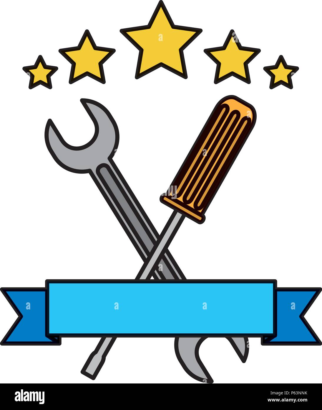 color screwdriver and wrench equipment with ribbon and stars vector ...