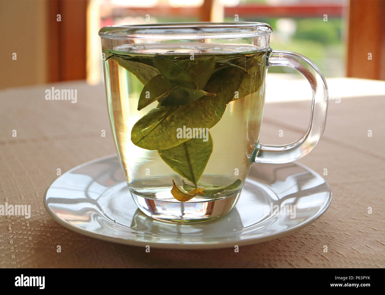 One cup of Hot Coca Tea served on table by the window, Puno, Peru Stock  Photo - Alamy