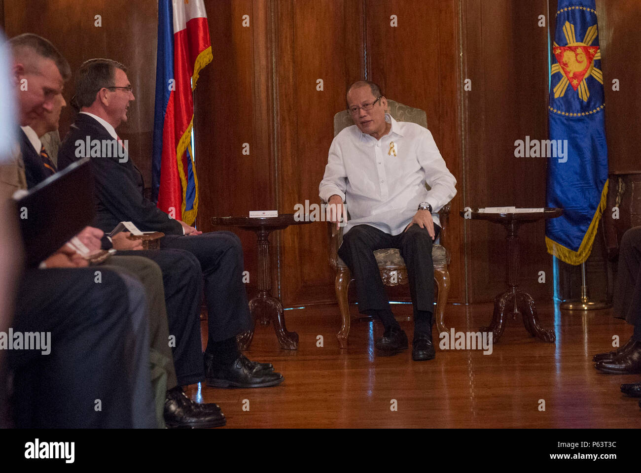 Secretary of Defense Ash Carter meets with Philippine President Benigno S. Aquino III as they meet to discuss matters of mutual importance at the Malacanang Palace in Manila, Philippines April 14, 2016. Carter is visiting the Philippines to solidify the rebalance to the Asia-Pacific region.(Photo by Senior Master Sgt. Adrian Cadiz)(Released) Stock Photo
