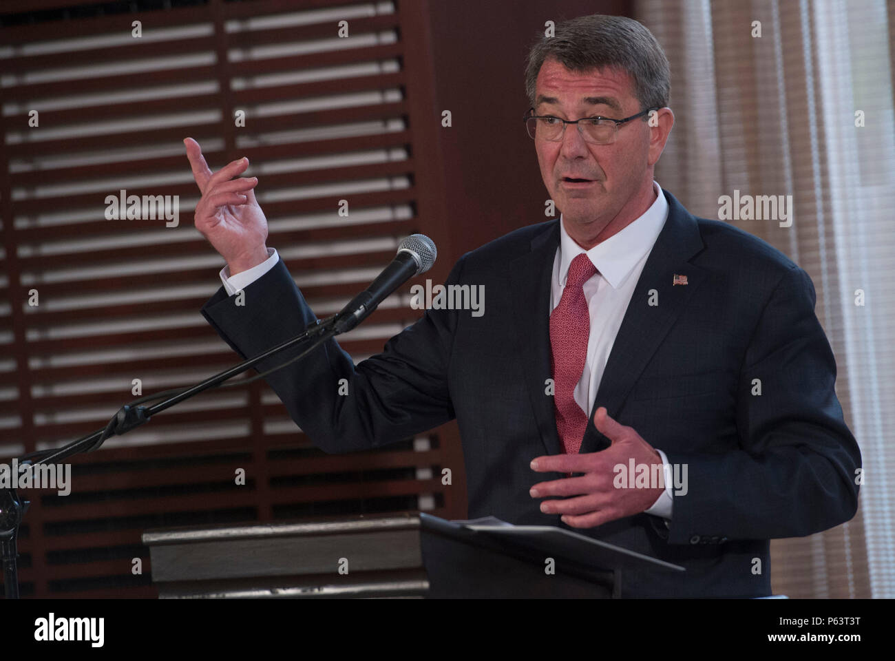 Secretary of Defense Ash Carter delivers remarks during a joint press conference with Philippine Secretary of National Defense Voltaire Gazmin at the Malacanang Palace in Manila, Philippines April 14, 2016. Carter is visiting the Philippines to solidify the rebalance to the Asia-Pacific region.(Photo by Senior Master Sgt. Adrian Cadiz) Stock Photo