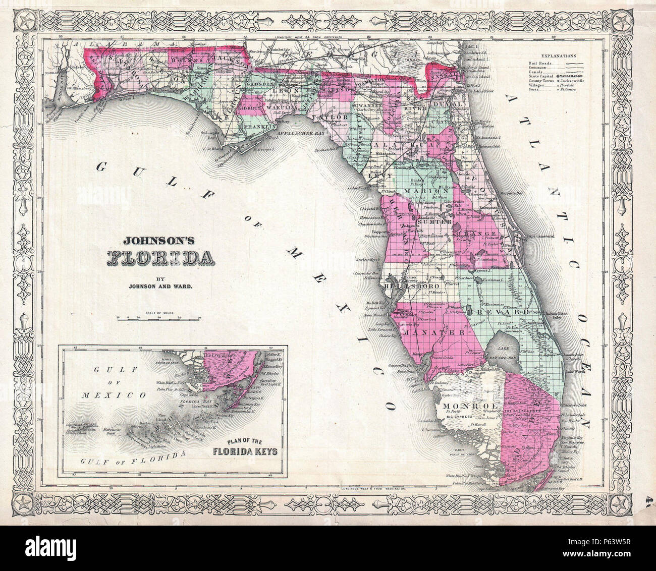 1864 Johnson Map of Florida - Geographicus - Florida-johnson-1864. Stock Photo