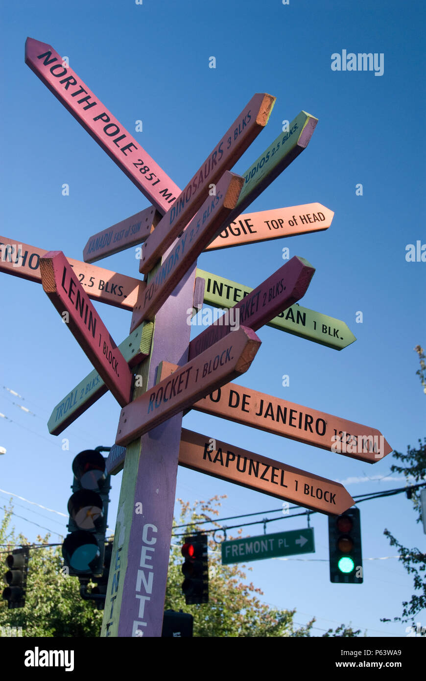 A directional sign shows the direction and distance to worldwide and local sites from the Fremont neighborhood of Seattle, Washington. Stock Photo