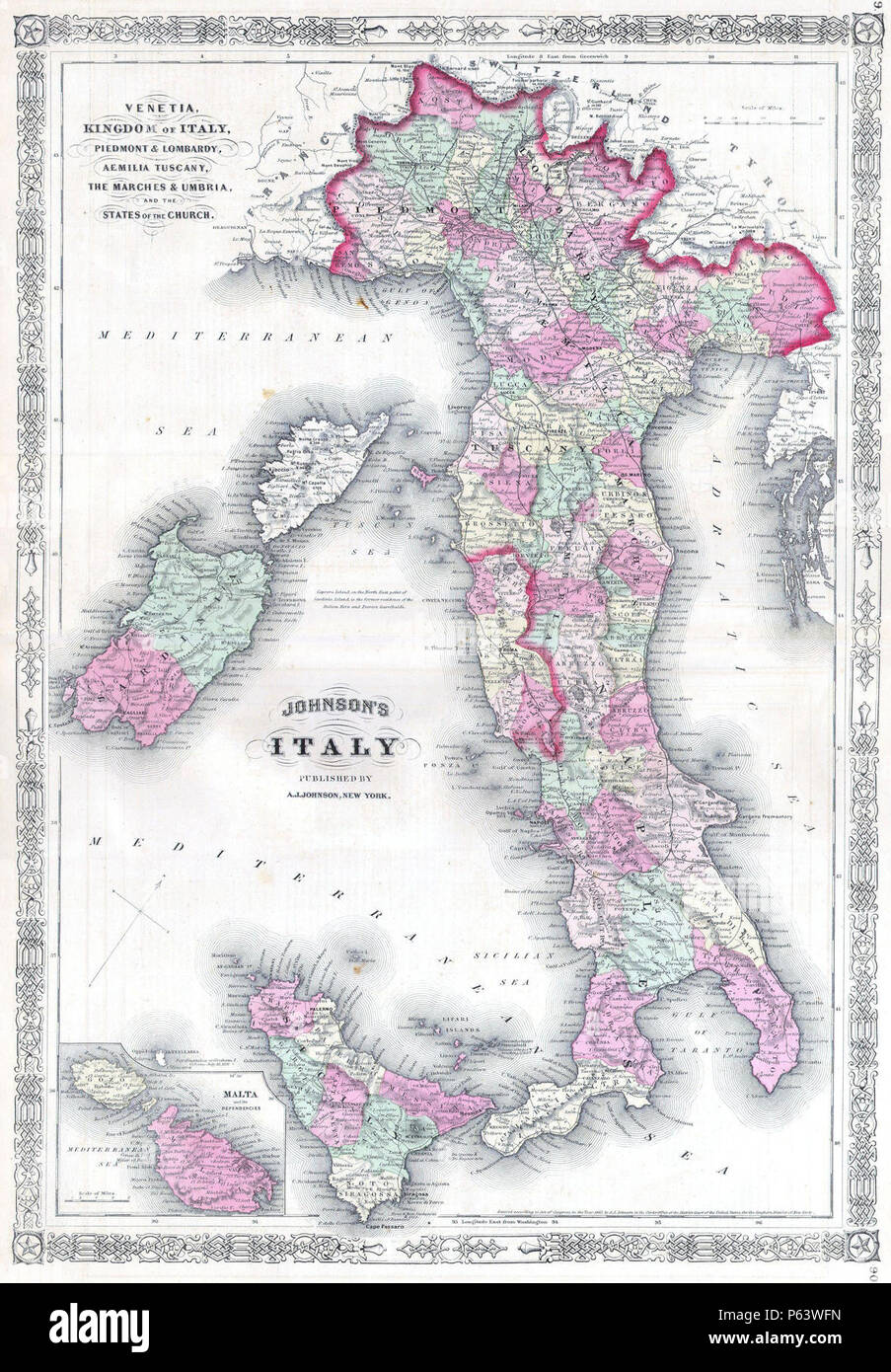 1864 Johnson's Map of Italy - Geographicus - Italy-j-64. Stock Photo