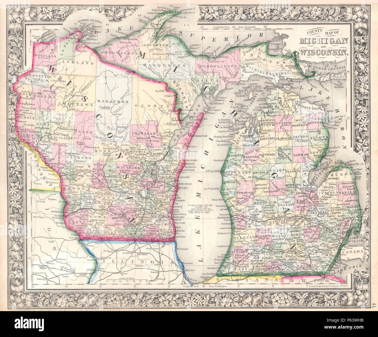 1864 Mitchell Map of Michigan and Wisconsin - Geographicus - MIWI-mitchell-1864. Stock Photo