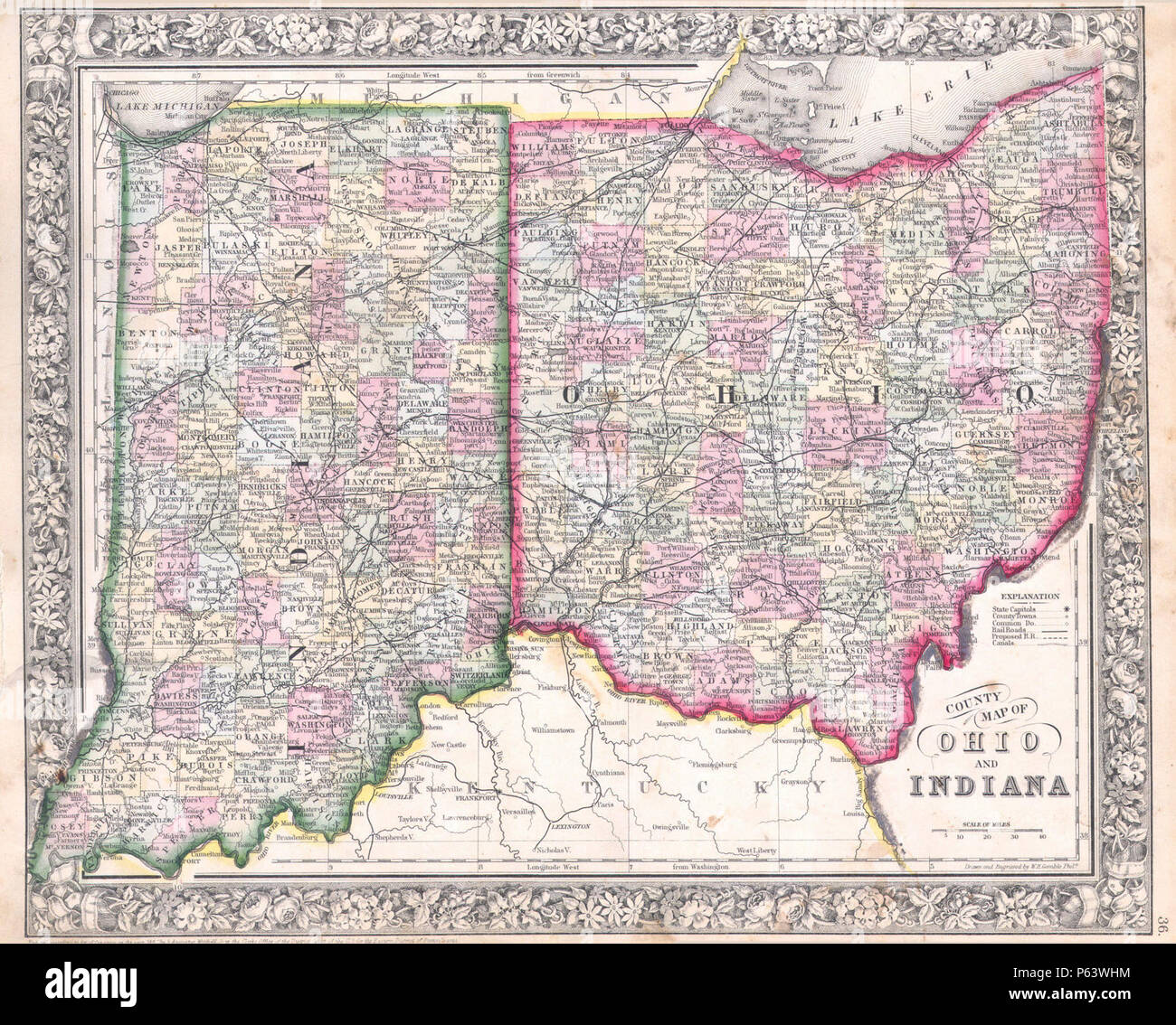 1864 Mitchell Map of Ohio and Indiana - Geographicus - OHIN-mitchell-1864. Stock Photo