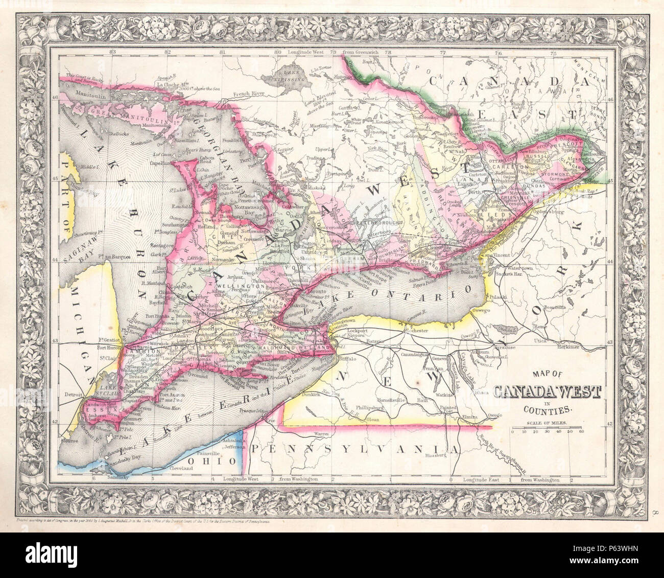 1864 Mitchell Map of Ontario, Canada - Geographicus - CanadaWest-mitchell-1864. Stock Photo