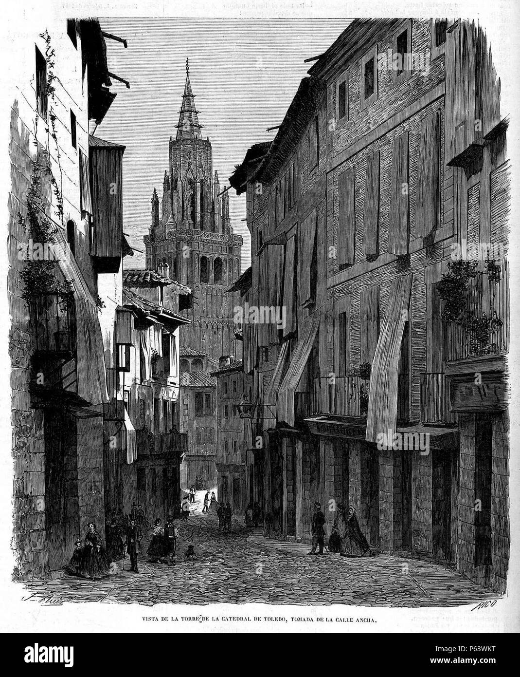 1864-03-20, El Museo Universal, Vista de la torre de la catedral de Toledo, tomada desde la calle Ancha, Ruiz. Stock Photo