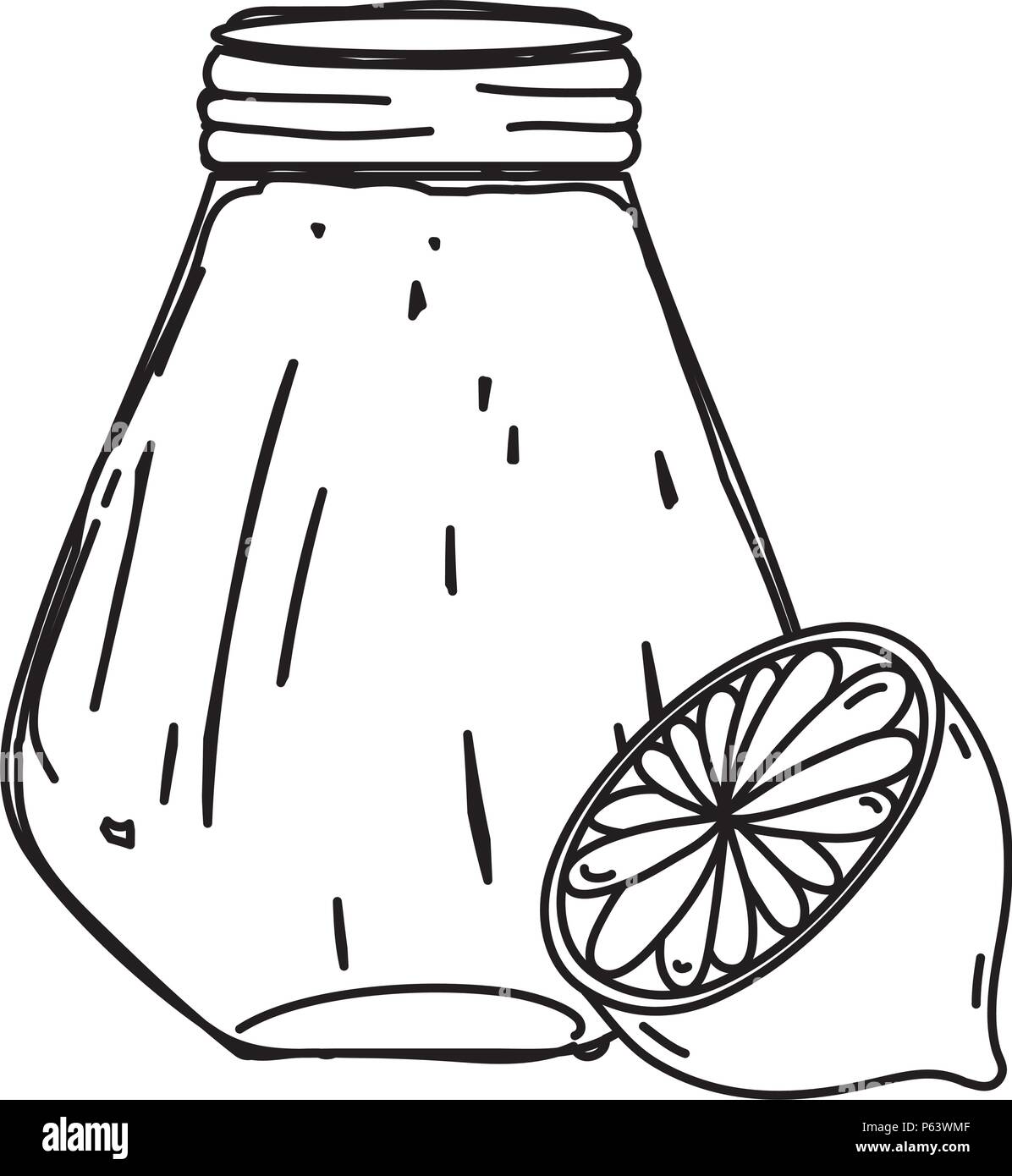 line delicious lemon fruit and juice jar vector illustration Stock