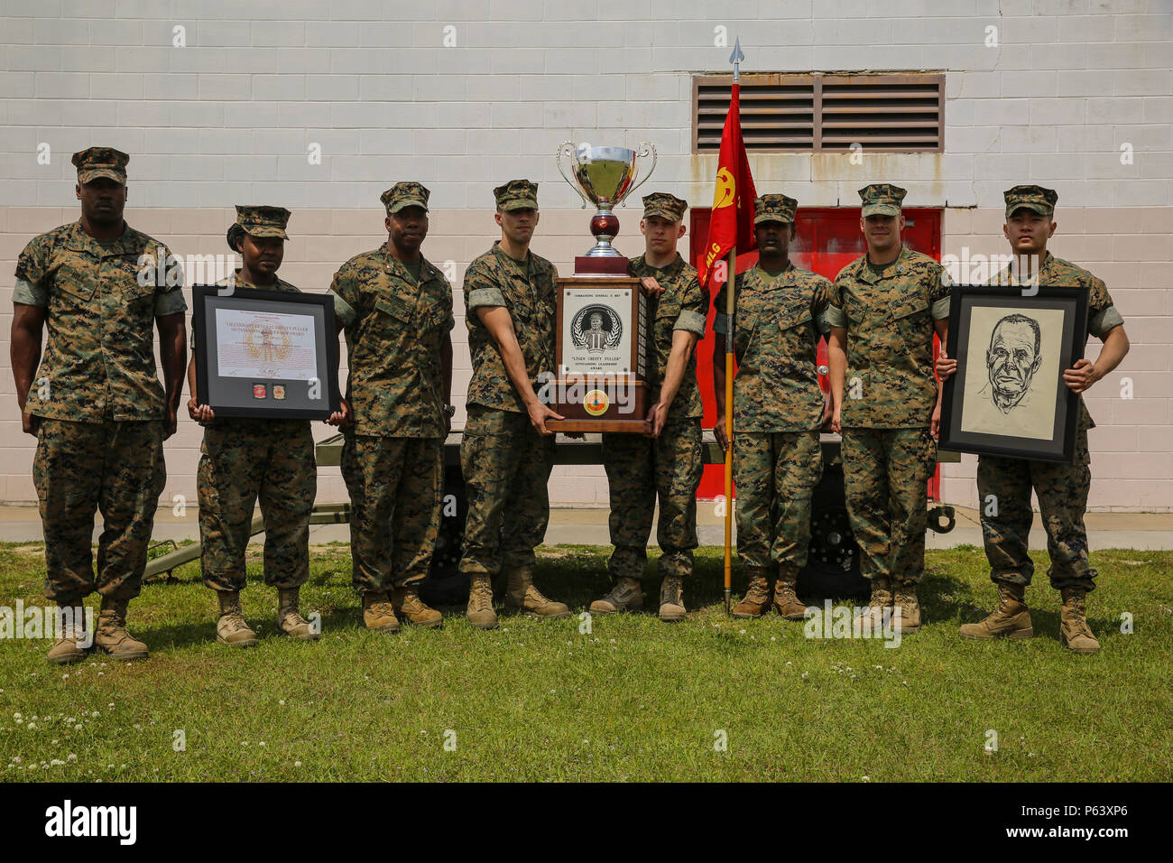 Marines with 2nd Maintenance Battalion pose with the Chesty Puller Award trophy during a ceremony to honor and acknowledge their outstanding performance, at Camp Lejeune, N.C., April 21, 2016. The battalion earned this award for exceptional professional ability, superior performance and dedication to supporting the mission of II MEF. (U.S. Marine Corps photo by Lance Cpl. Aaron K. Fiala/released) Stock Photo