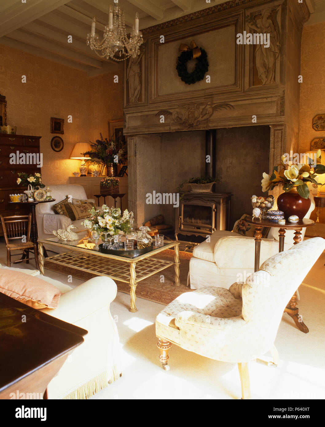 Cream Armchair And Sofas In French Country Living Room With Wood