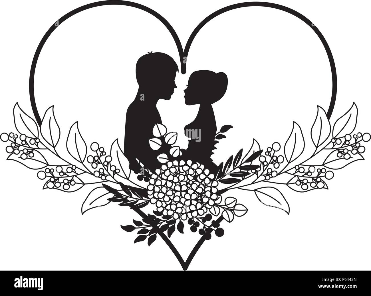 couple in love heart flowers decoration vector illustration black and