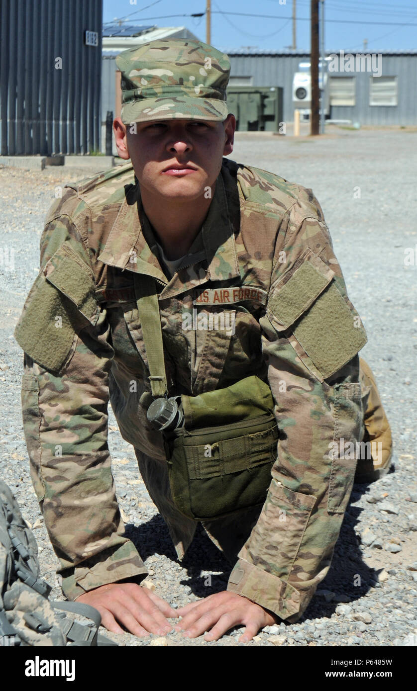DONA ANNA RANGE, NEW MEXICO– Air Force 2nd Lt. Kyle Oestreich does pushups  while waiting for his fellow Air Force Ranger Assessment candidates to find  their equipment April 20. The candidates were