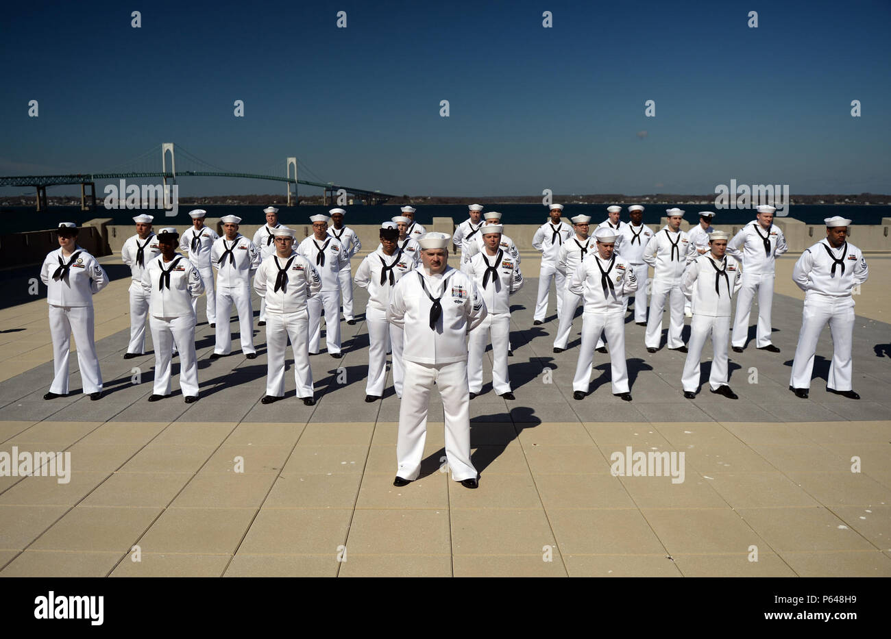 Sailors at the U.S. Naval War College in Newport, Rhode Island, stand in formation for a service dress white uniform inspection. The inspection ensures proper uniform compliance, appearance, grooming, and military bearing. Sailors at the U.S. Naval War College in Newport, Rhode Island, stand in formation for a service dress white uniform inspection. The inspection ensures proper uniform compliance, appearance, grooming, and military bearing.