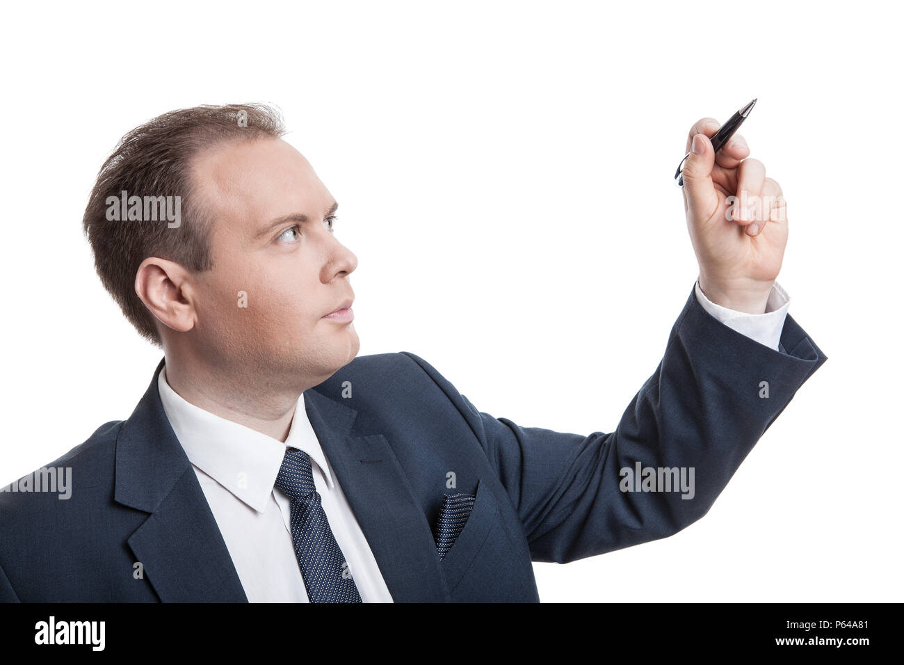 Portrait of businessman writes on a white background Stock Photo - Alamy