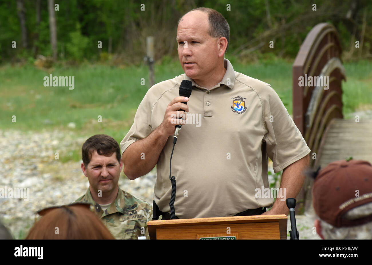 James Gray, Wolf Creek National Fish Hatchery manager, speaks during