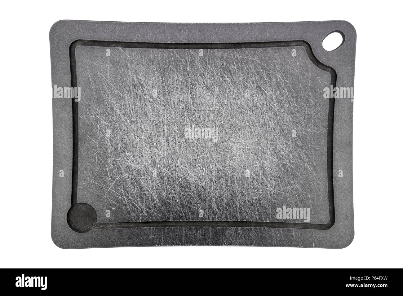 grey carved stripped used meat cutting board isolated on white backgournd Stock Photo