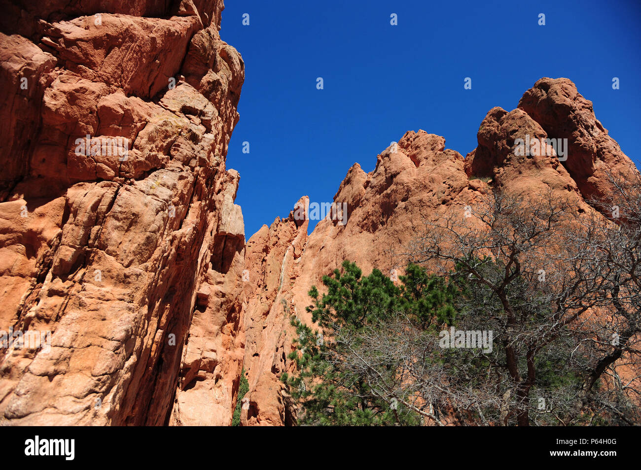 COLORADO SPRINGS, COLO.  – Towering slabs of orange sandstones rise 300 feet above the Garden of the Gods, April 7, 2016. Traveling the park’s paths will get you up-close views of famous rock formations like the Tower of Babel, Gateway Rock, the Three Graces, Kissing Camels, the Sleeping Giant and the Balanced Rock.  (U.S. Air Force photo/Staff Sgt. Amber Grimm) Stock Photo