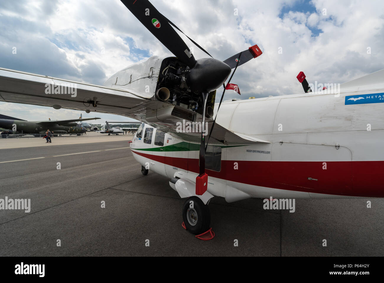 Turboprop Lycoming LTP 101-700 of the civil utility aircraft Piaggio P.166C, close-up. Exhibition ILA Berlin Air Show 2018. Stock Photo