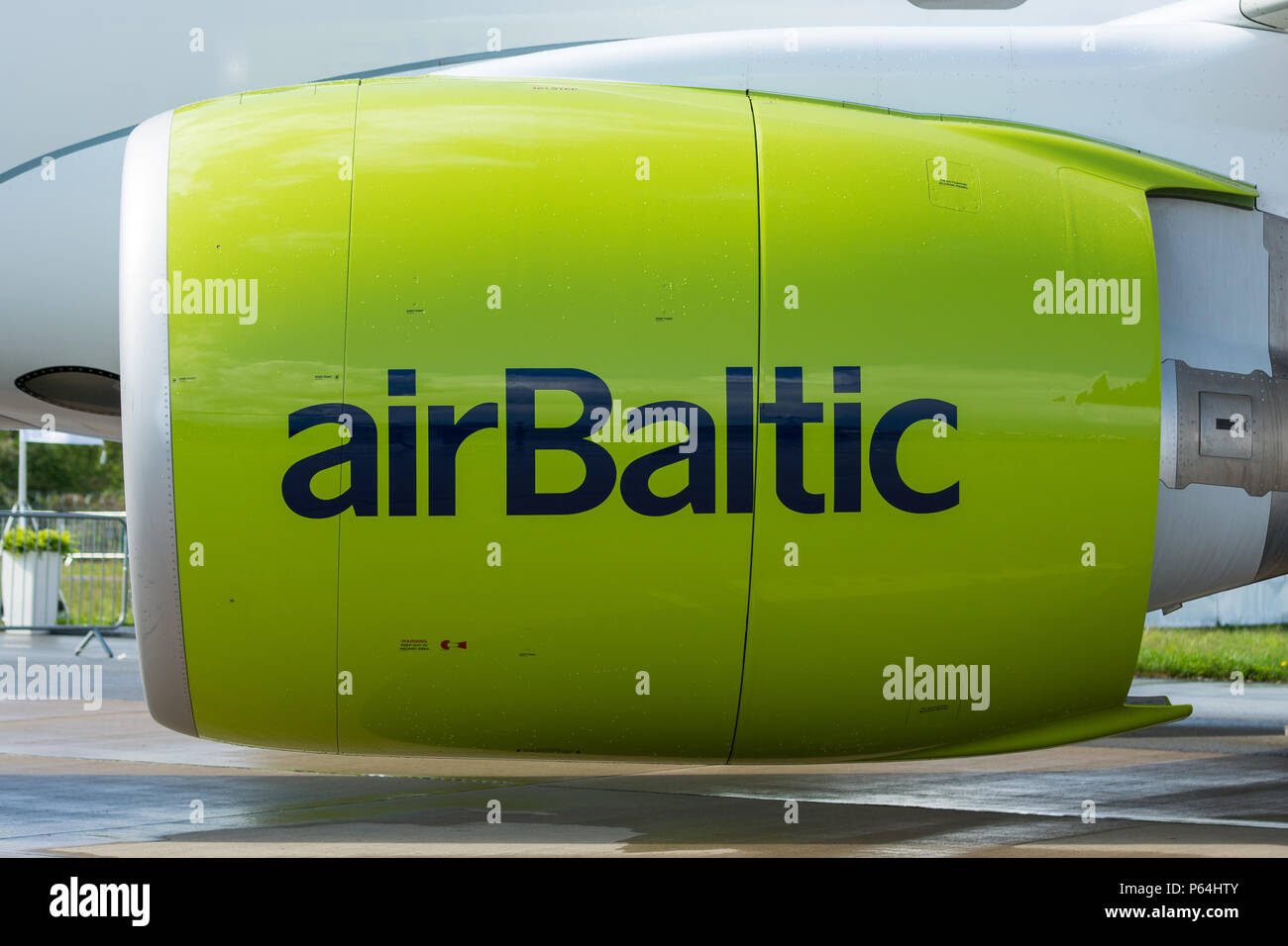 Geared turbofan engine Pratt & Whitney PW1000G by Bombardier CS300. Latvian low-cost carrier AirBaltic. Exhibition ILA Berlin Air Show 2018 Stock Photo