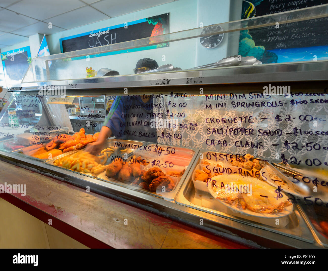 Fresh seafood displayed at Bobby's, a popular fish and chips and seafood snack bar, Thursday Island, Torres Strait Islands, Far North Queensland, FNQ, Stock Photo