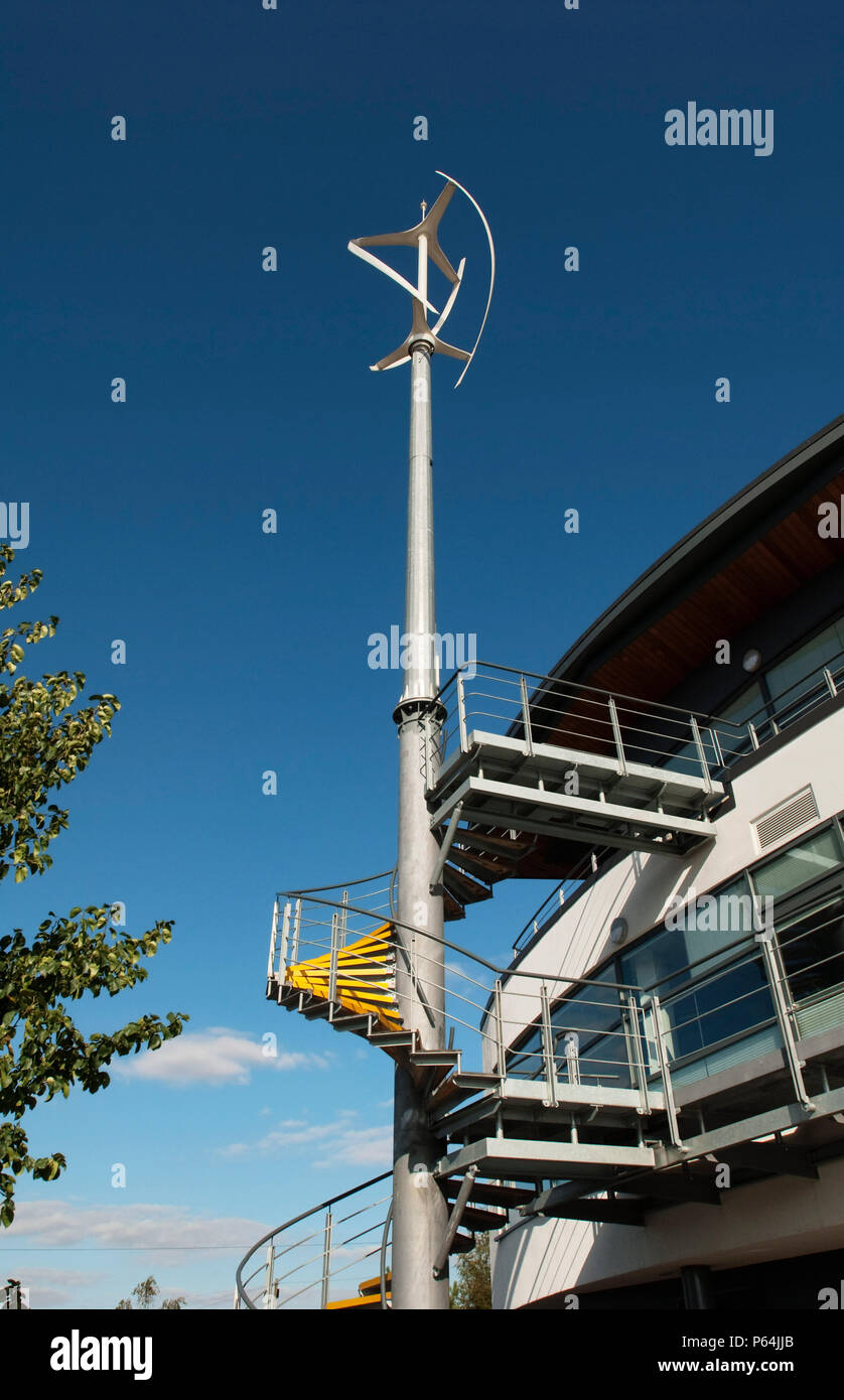 Vertical axis wind turbine (VAWT) used to power electricity for Wisbech Boathouse, part of the Nene Waterfront Regeneration in Wisbech, Cambridgeshire Stock Photo