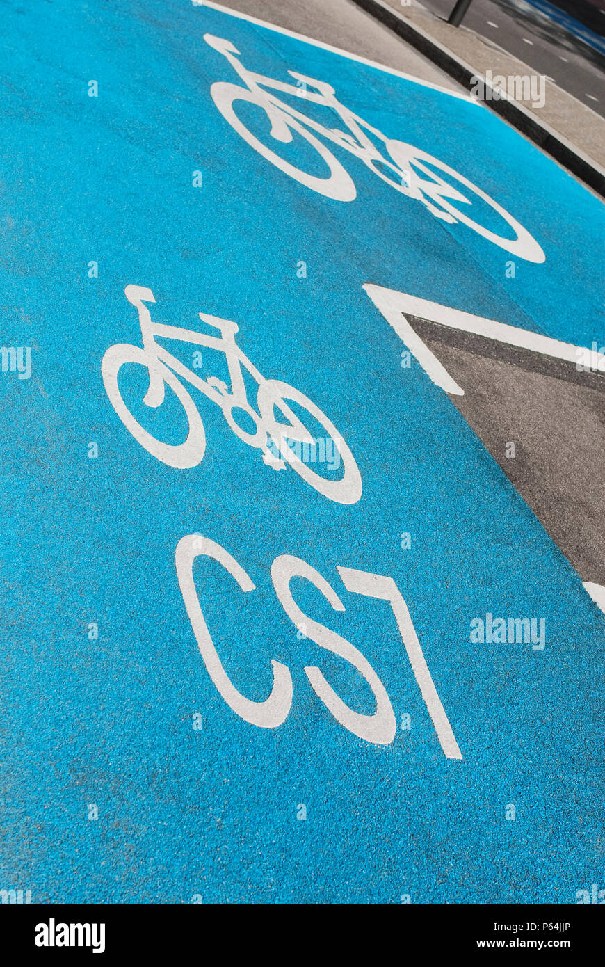 Barclays sponsored Cycle Superhighways, set up to promote cycling along dedicated blue painted cycle lanes into central London from outer London, UK Stock Photo