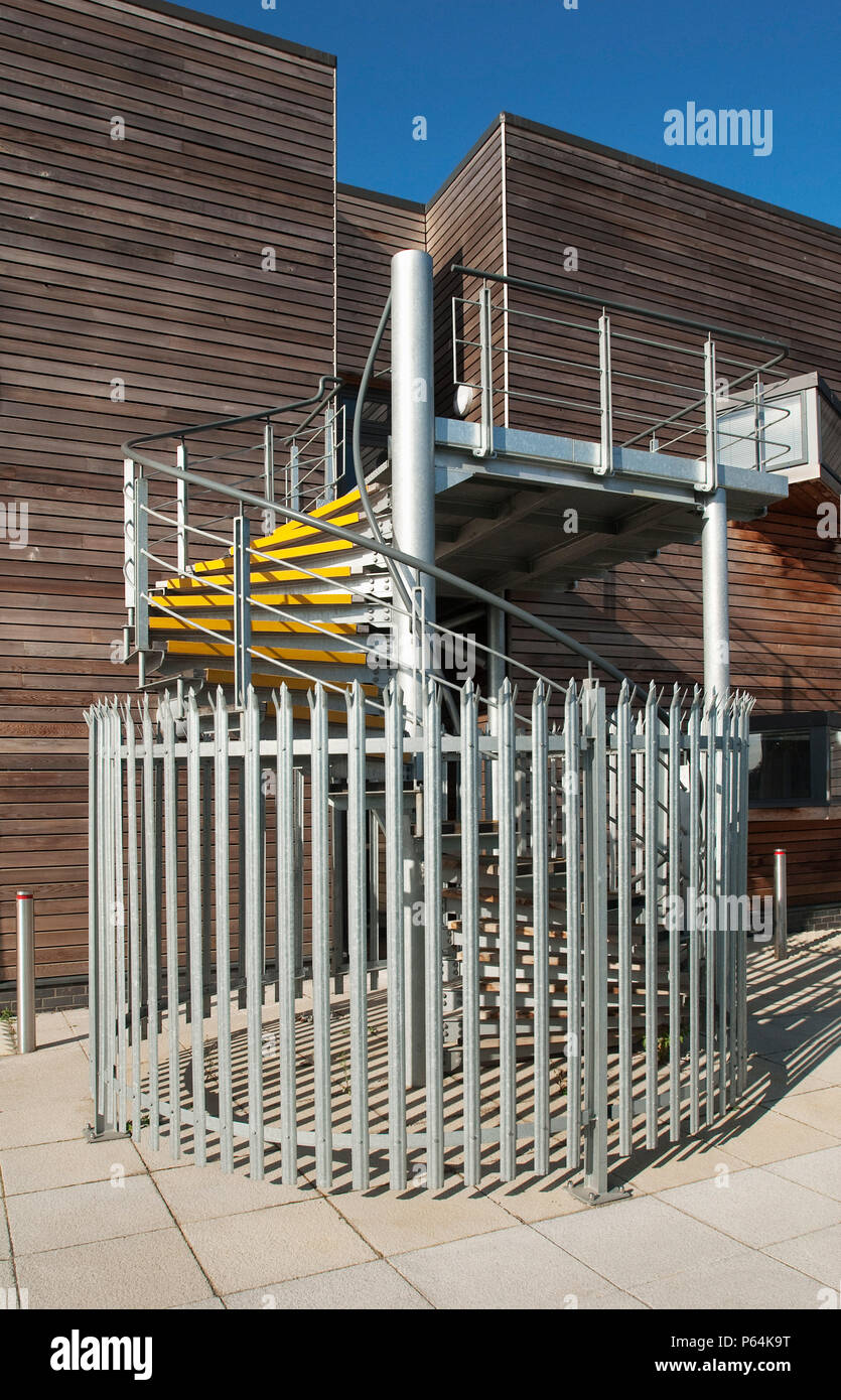 Fire escape exit staircase from Wisbech Boathouse, part of the Nene Waterfront Regeneration in Wisbech, Cambridgeshire, UK Stock Photo