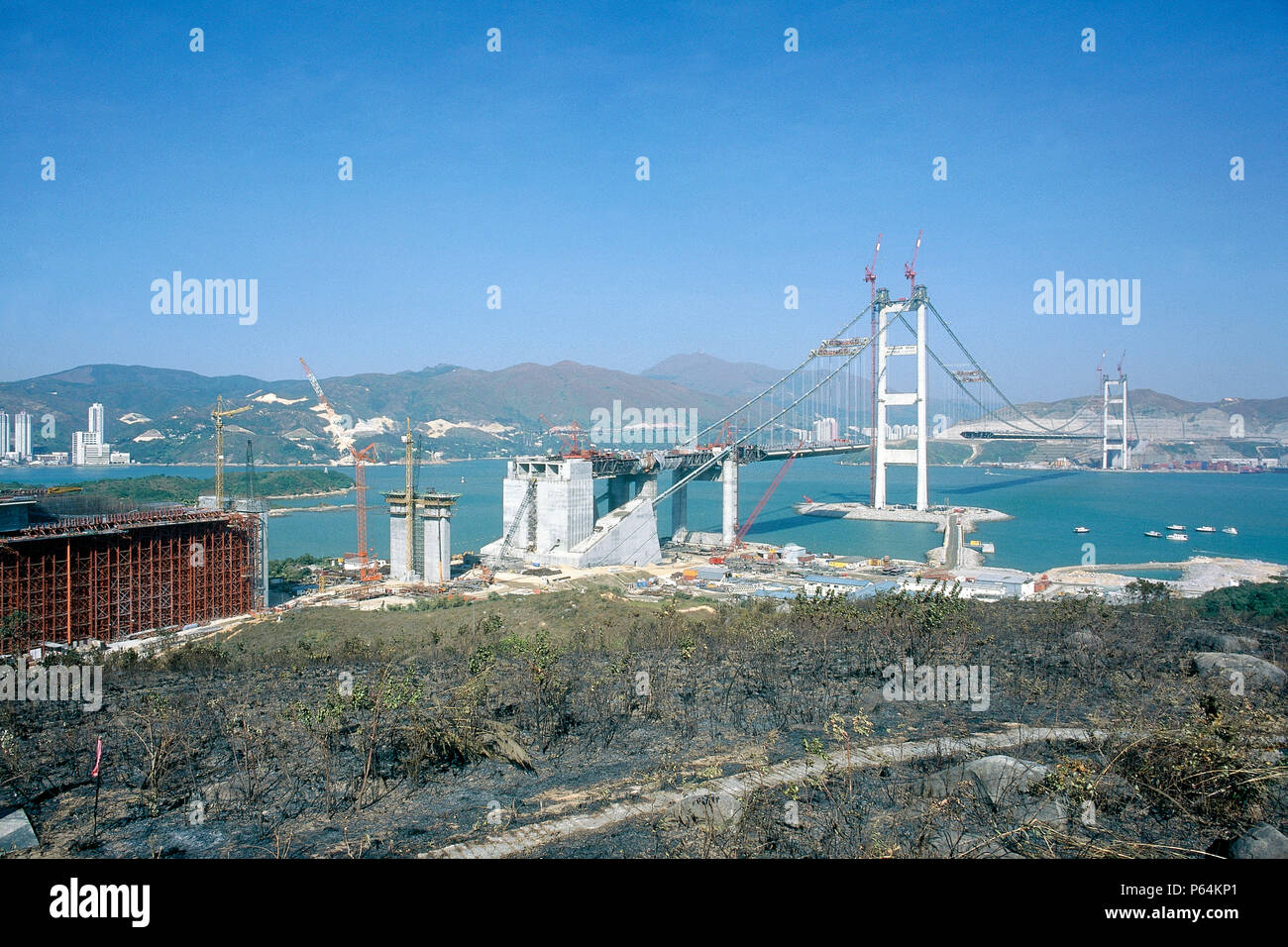 Tsing Ma suspension bridge, China. Constructed to link Hong Kong with Chek Lap Kok airport. Stock Photo