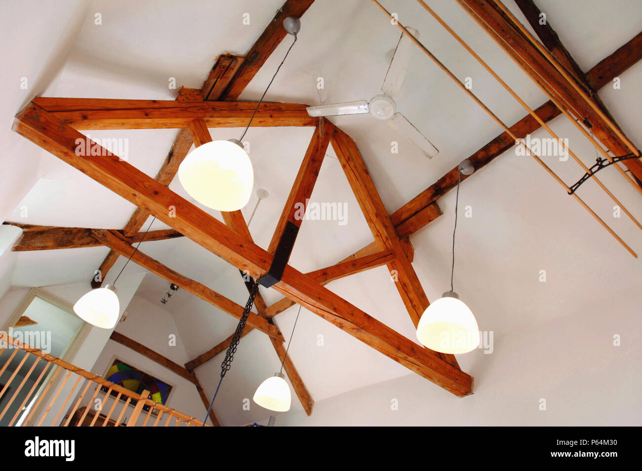 Barn conversion in Gloucestershire, UK. The open ceiling in the kitchen. Stock Photo