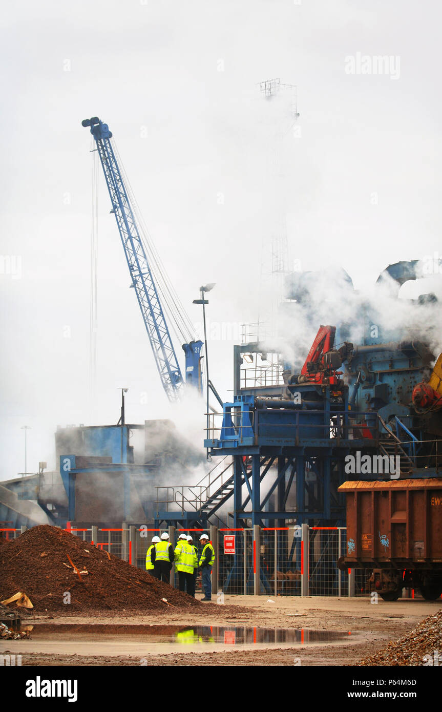 Metal recycling facility on the dockside at a port in Newport, South
