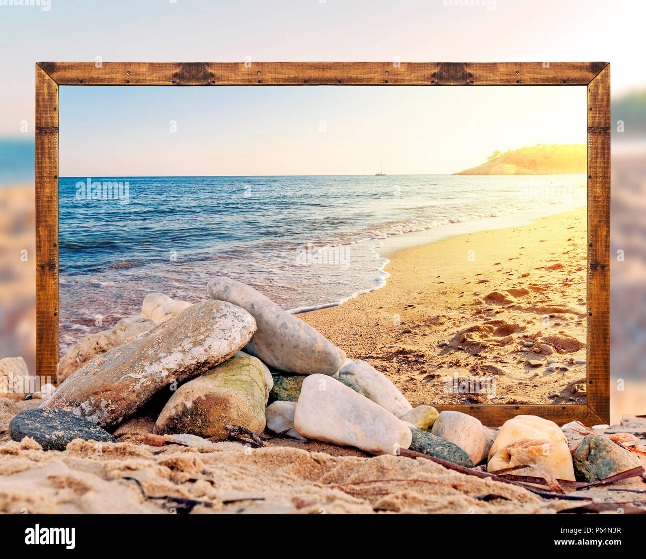 Rock on the beach with beautiful beach picture frame and blurred beach