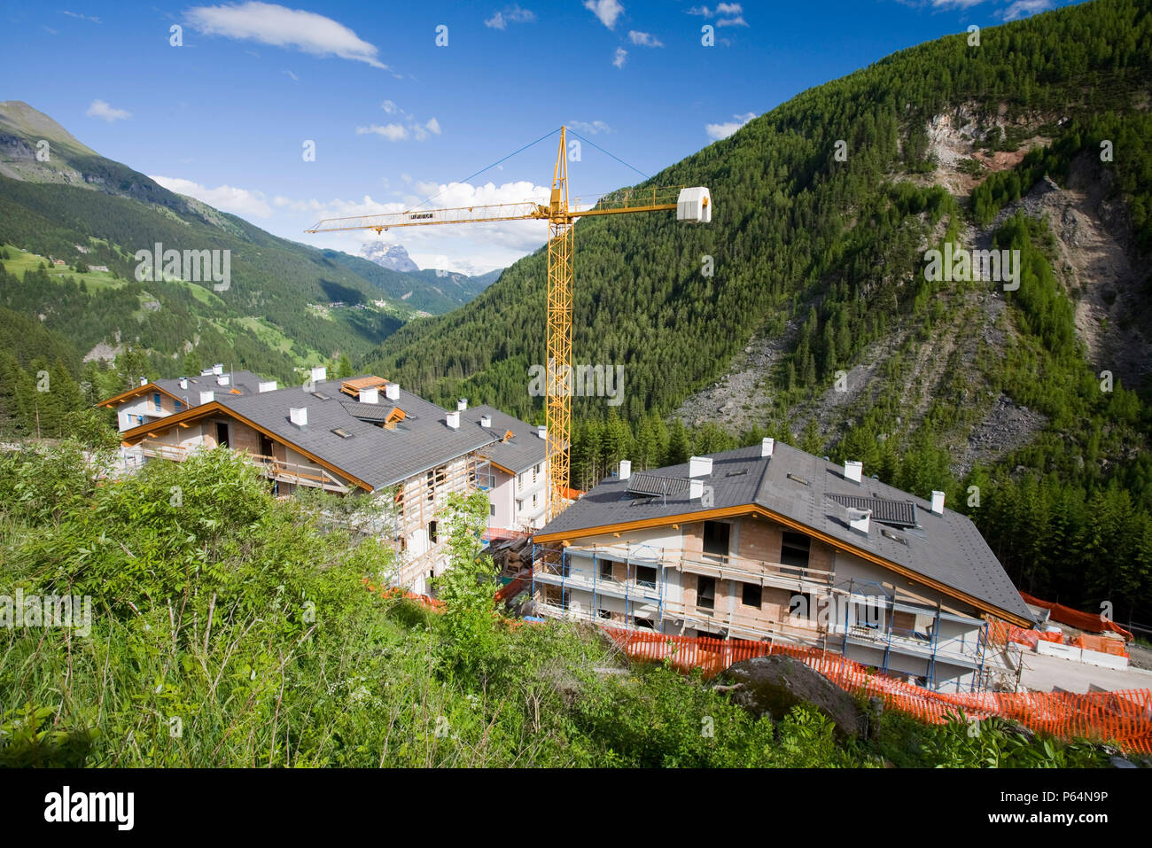 Building new chalets near Arabba in the Italian Dolomites Stock Photo