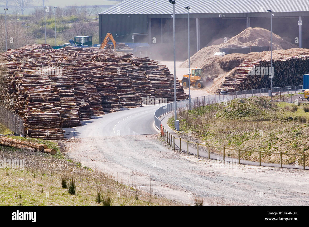 E.ON's biofuel power station in Lockerbie Scotland with timber supplies.The power station is fuelled 100% by wood sourced from local woodlands and gen Stock Photo