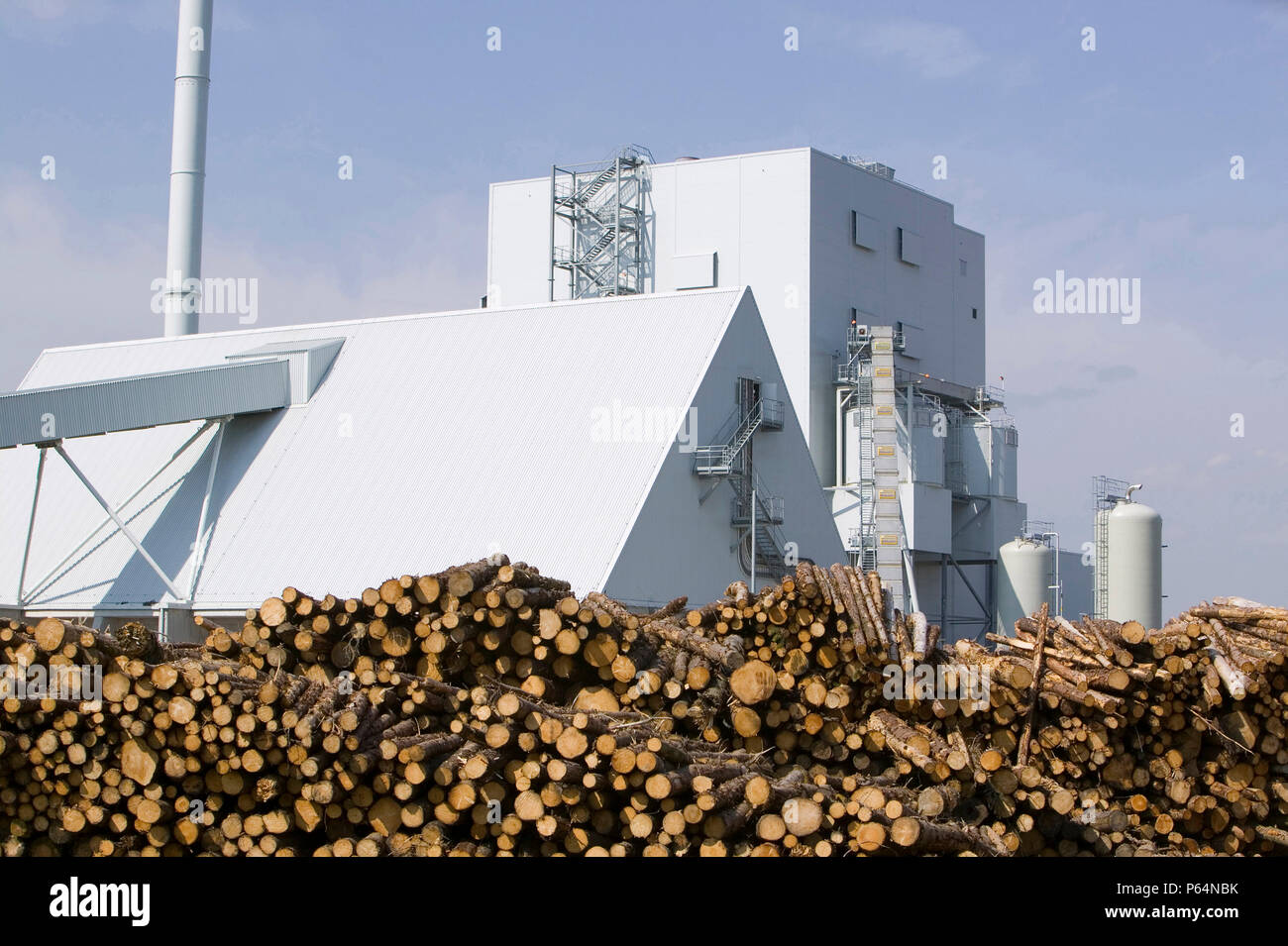 E.ON's biofuel power station in Lockerbie Scotland with timber supplies.The power station is fuelled 100% by wood sourced from local woodlands and gen Stock Photo
