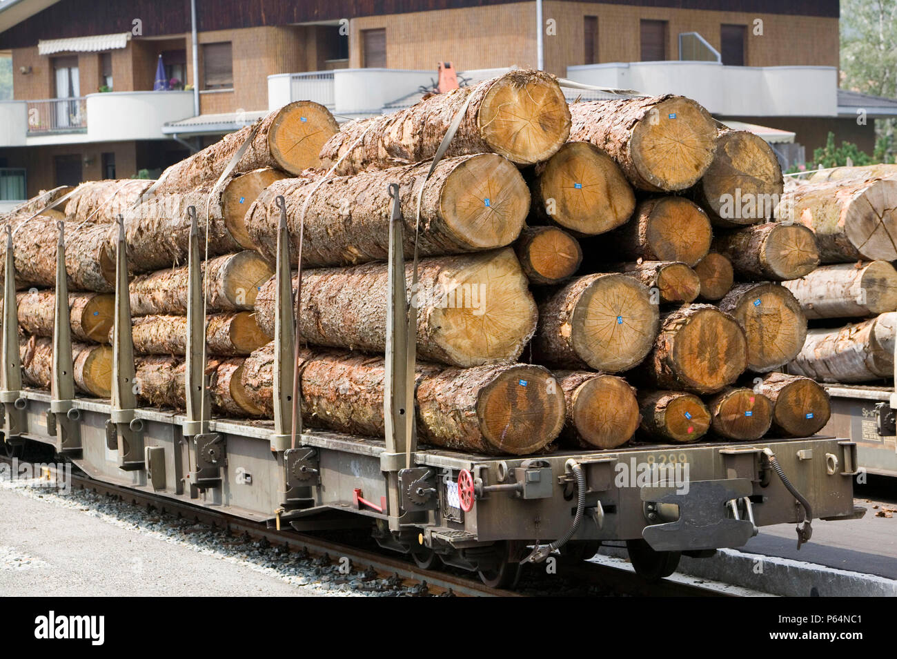 freight train carrying timber in Switzerland Stock Photo