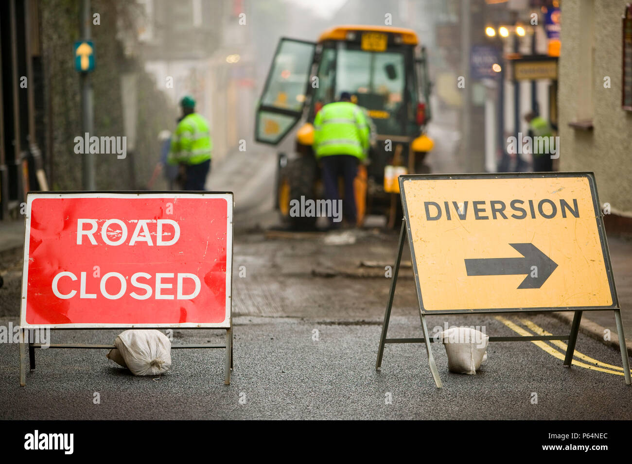 Road closed in Ambleside for resurfacing UK Stock Photo