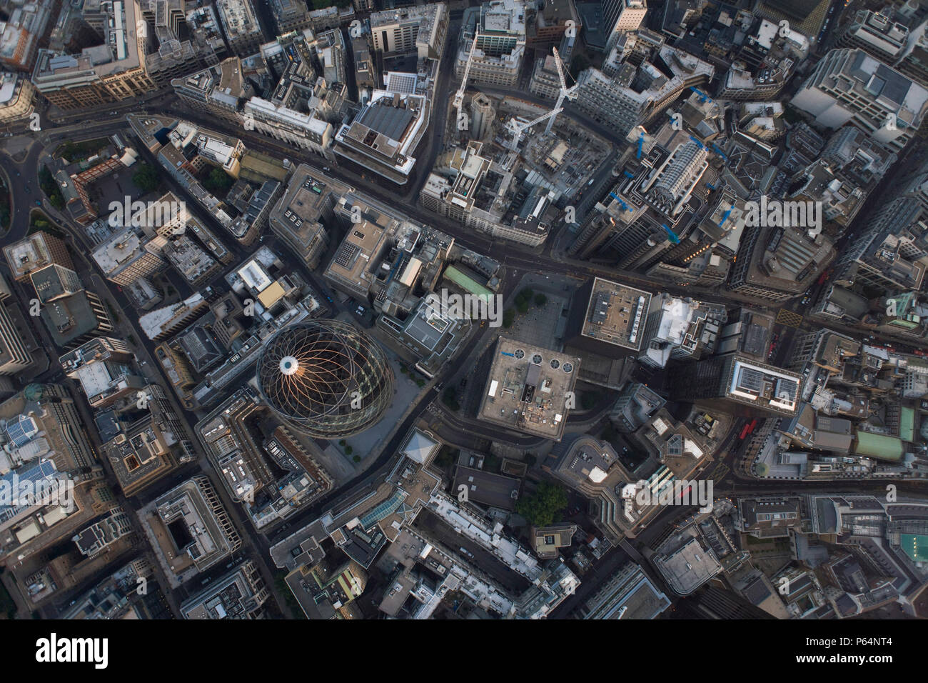 Aerial view of City of London at dusk. 30 St Mary Axe, Lloyd's Building, Leadenhall Street Stock Photo