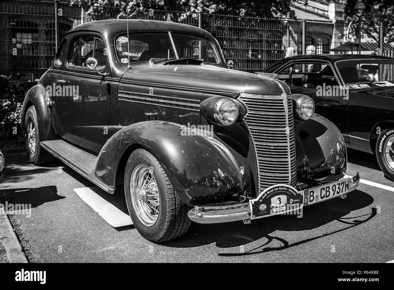 Vintage car Chevrolet Master Serie GB Business Coupe, 1937. Black and white. Oldtimertage Berlin-Brandenburg (31th Berlin-Brandenburg Oldtimer Day). Stock Photo