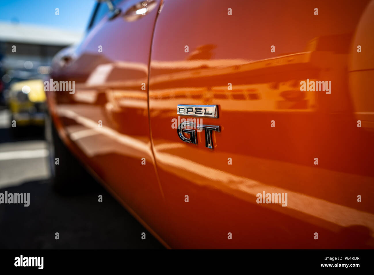 Berlin May 06 18 Emblem On The Body Of The Sports Car Opel Gt Oldtimertage Berlin Brandenburg 31th Berlin Brandenburg Oldtimer Day Stock Photo Alamy