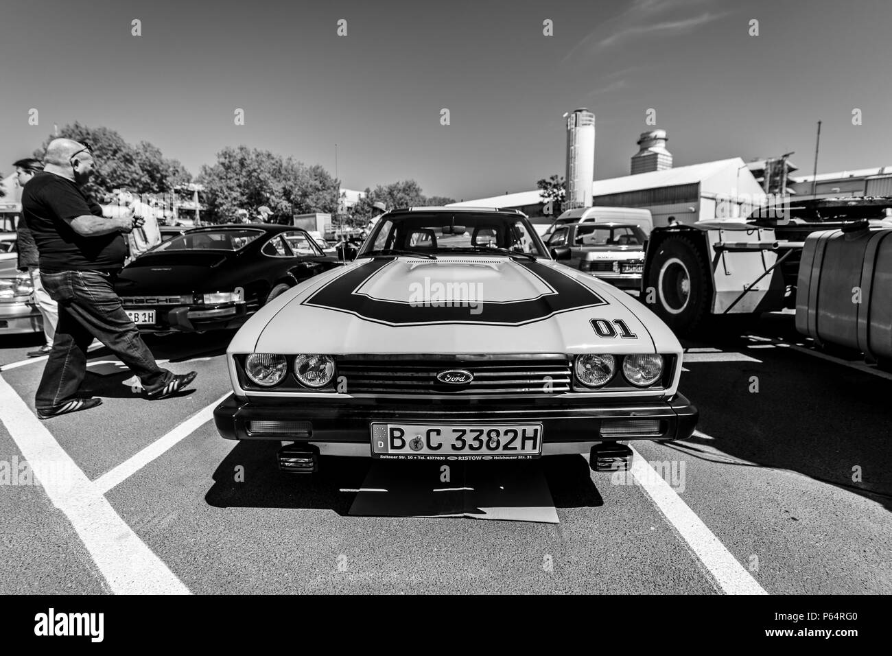 BERLIN - MAY 06, 2018: Mid-size sports car Ford Capri Mk III. Black and white. Oldtimertage Berlin-Brandenburg (31th Berlin-Brandenburg Oldtimer Day). Stock Photo