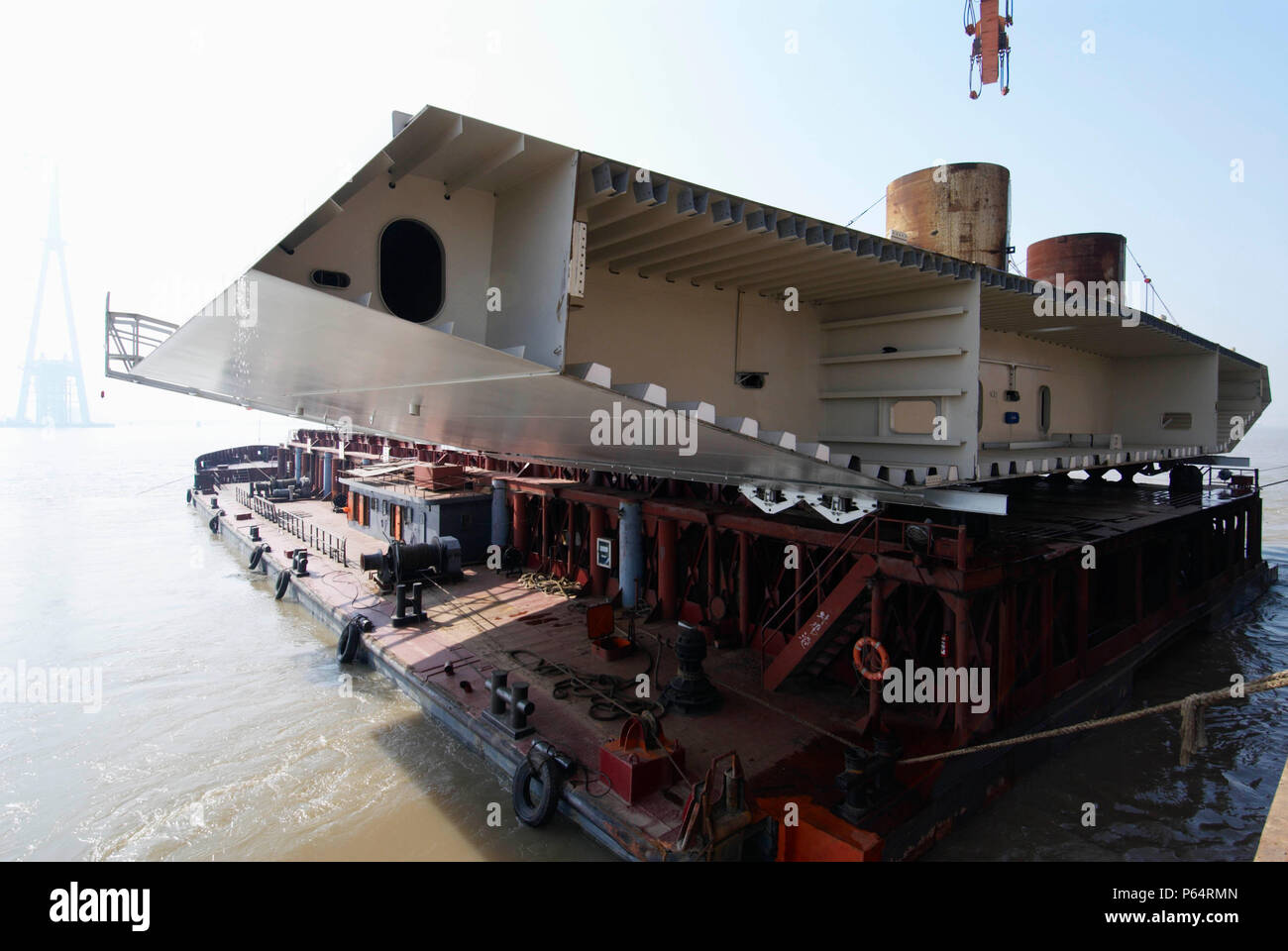 Steel box girder deck unit prior to being lifted into position at Sutong Bridge in Jiangsu
