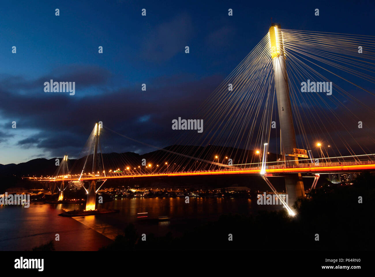 Evening view of Ting Kau cable stayed bridge in Hong Kong, China Stock