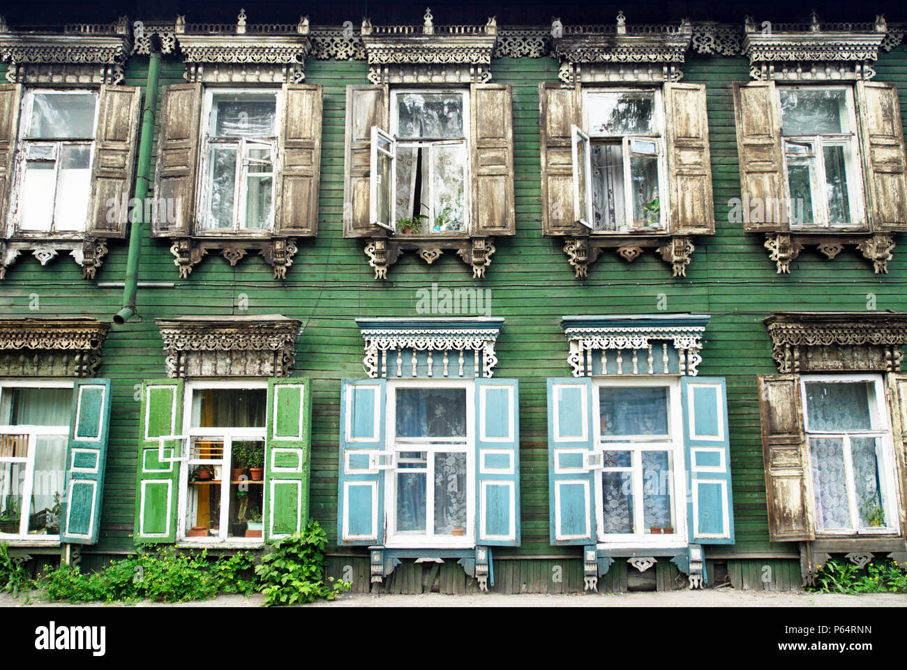 Traditional ornate wooden houses in Irkutsk, Siberia, Russia Stock