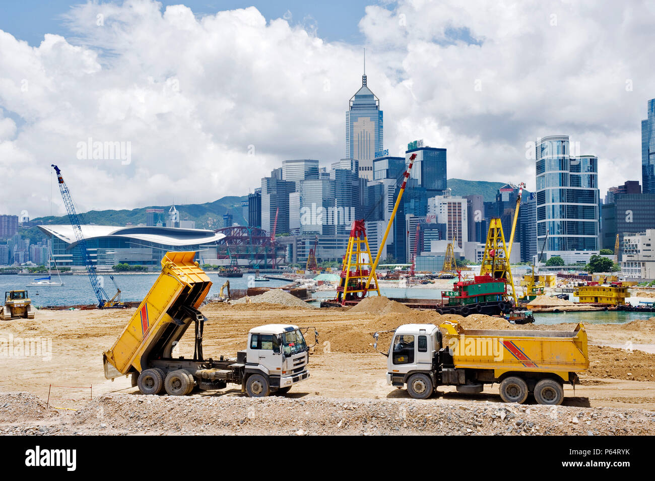 Major reclamation works in progress in Victoria Harbour for future transport and office developments in Central District in Hong Kong July 2008 Stock Photo