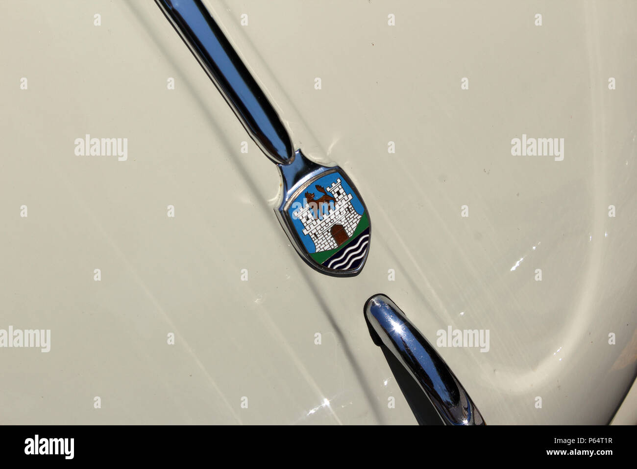 Volkswagen Beetle bonnet with coat of arms logo detail Stock Photo